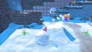 Kirby atacando a un Corori con la Habilidad Hielo.