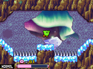 Kirby within a cave in the frigid area.