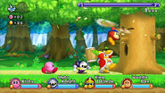 Kirby, King Dedede, Meta Knight, and Waddle Dee fighting Whispy Woods