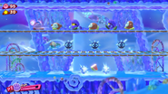 A strong wind pushes Kirby into a line of Waddle Dees and Jammerjabs.