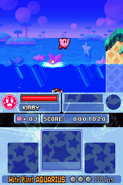 Kirby jumps out of the water. (Kirby Super Star Ultra)