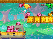 The Kirbys float down the river using Floaty Woods as a raft. (Stage 8)