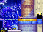 Kirby approaching a tower surrounded by crystals.