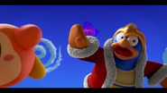 King Dedede and a Waddle Dee jump away from a falling Jamba Heart Piece.