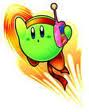 Kirby Verde con la habilidad Luchador utilizando el teléfono móvil.