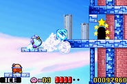 Kirby scaling the building from the outside (remake).