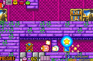 Kirby about to enter a boarded-up Mirror Door.