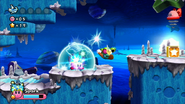 Kirby usando su habilidad Chispazo contra Sharpe Knight.