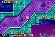 Kirby running through a spacial tunnel.