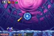 Meta Knight throwing Galaxia into the portal to help Kirby.