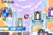 Fighter Kirby in the Central Circle, approaching some of the mirror portals.