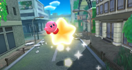 Kirby riding the Warp Star through the street.