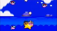 Kirby rides a Warp Star to the planet. (Kirby Super Star)