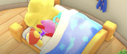 Kirby kicking Bandana Waddle Dee off of the bed.