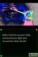 Kirby uses the power of the rainbow medals to clear the dark clouds.