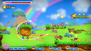 Kirby and the Bandana Waddle Dees exploring the peaceful landscape.