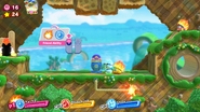 Kirby lights a fuse with Sizzle Yo-Yo, then gets in the Cannon.
