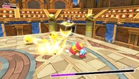 Meta Knight fires Sword Beams at Kirby.