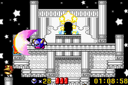 Meta Knight does battle in the original Bubbly Clouds.