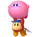 Kirby floating with Bandana Waddle Dee