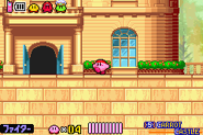Fighter Kirby before the entrance to the castle.