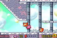 Backdrop Kirby delivers swift destruction to foes in the tower (remake).