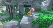 Kirby scales up some stairs with a Kabu.