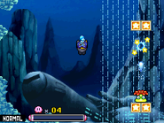 Kirby swims through the depths of the sea. The Halberd can also be seen.