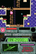 Kirby climbs up a ladder as the screen scrolls upward. (Kirby Super Star Ultra)