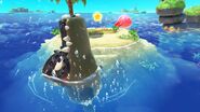 Kirby floats to an island guarded by a gator-like enemy.