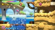 A geyser thrusts Kirby out of the sea.