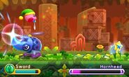 Sword Kirby battles Hornhead, a new mid-boss.