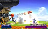 Clanky Woods 2.0 shoots missiles at Meta Knight.