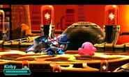 Mecha Knight attempts to attack Kirby before he backs off the platform into a pit.