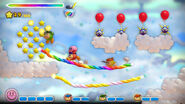 Kirby and the Bandana Waddle Dees adventuring through a cloudy environment.