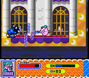 Mirror Kirby facing a Mace Knight in Mallow Castle.