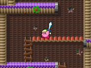 Sword Kirby climbs the inside of a huge tree.