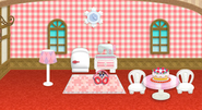 "A super-girly pink and red ensemble. The Gingham wallpaper adds that fashionable '80s look."