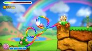 Kirby using looping rainbow ropes to perform a Tap Dash.