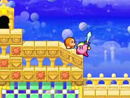 Sword Kirby walking through Bubbly Clouds.