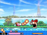 Kirby fighting a Boxy in front of the pseudo-tropical lake.