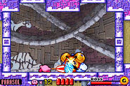 Kirby fighting Mr. Tick-Tock inside the building (remake).