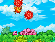 Birdee Attack.png (11 kB) Clocló atacando a los Kirbys con un fruto espinoso