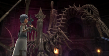  holding the Demonic Flute next to the animated skeleton of 