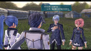 A screenshot of Laura alongside Rean Schwarzer, Kurt Vander and Juna Crawford from Trails of Cold Steel III.