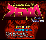 The title screen from English version by Dynamic Designs. It reads Demon Child Zenki - Battle Raiden.