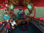 Giant Numbuh 3 violently swinging her friends like ragdolls in her hand (As a realistic and macro version of Numbuh 3's woolen sweater appears in the background