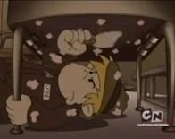 Joe de-gumming a desk in Operation: C.R.I.M.E.