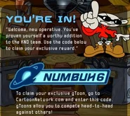 The reward message for completing the game and the Orbit code for the Numbuh 1 gToon.