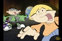 Numbuh 3 and 4 are about to be run over by the Tommymobile.